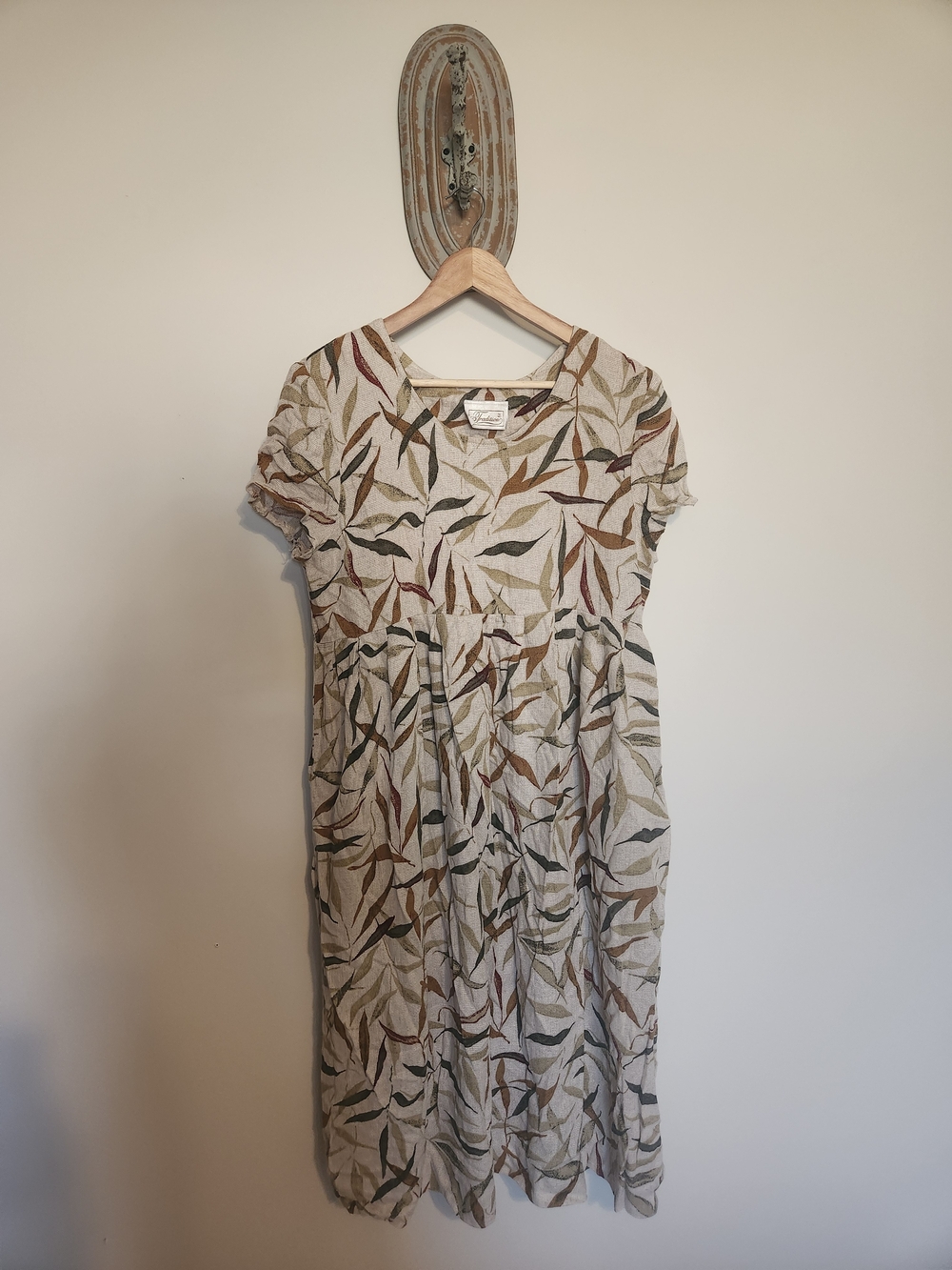 Leaf-Print Midi Dress in Cream, Green & Brown